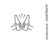 Hands holding beer bottles. Clink, cheers and toasting. Outline vector illustration white background. Two bottles of beer are held in hands. 