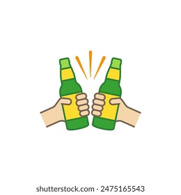 Hands holding beer bottles. Clink, cheers and toasting. Color vector illustration white background. Two bottles of beer are held in hands. 