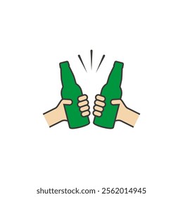 Hands holding beer bottles. Clink, cheers and toasting. Color outline vector illustration white background. Two bottles of beer are held in hands.