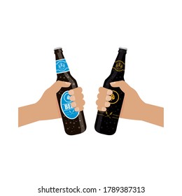 Hände, die Bierflaschen Design, Pub Alkoholbar Brauereigetränk ale und Lager Thema Vektorgrafik