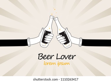 Hands holding beer bottles isolated on background. For web site, poster, placard,t shirt and wallpaper template. Useful for app,banner,flyer,leaflet and cover. Creative art concept,vector illustration