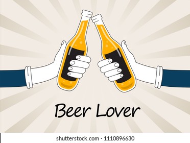 Hands holding beer bottles isolated on background. For web site, poster, placard,t shirt and wallpaper template. Useful for app,banner,flyer,leaflet and cover. Creative art concept,vector illustration
