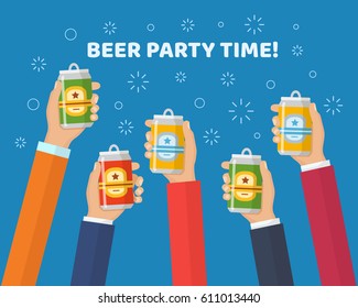 Hands Holding The Beer Cans. Cheers. Concept For Beer Festivals And Parties In A Trendy Flat Style.  Beer Cans Set Isolated Vector Illustration. 