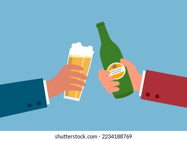 Hands holding beer glass and bottle in flat design. Cheers beer toast concept.