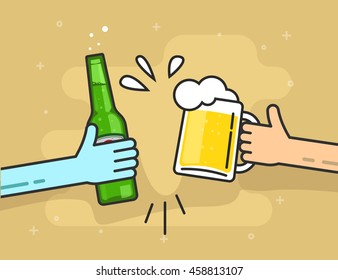 Hands holding beer glass and beer bottle, flat cartoon clinking toasting happy friends, cheering people party celebration in pub, flat outline art line design vector illustration