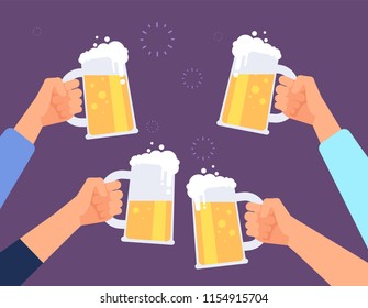 Hands holding beer glasses. Cheerful people clinking. Mates drinking beer in bar. Vector background. Beer toast, hand with glass drink, beverage toasting illustration