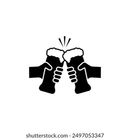 Hands holding beer glasses. Clink, cheers and toasting. Vector silhouette on white background. 