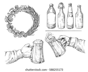 Hands holding with beer glasses mug, wreath, bottle in graphic style vector illustration