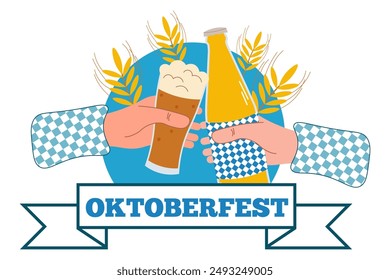 Hands holding beer glasses. Oktoberfest party. Vector illustration