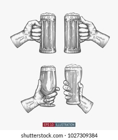 Hands holding beer glasses set. Engraved style. Hand drawn vector illustration.