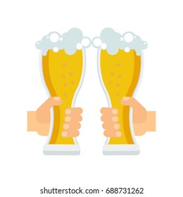 Hands holding beer mug, beer bottle and glass. Beer feast, bar menu, restaurant menu. Flat vector cartoon illustration. Objects isolated on a white background.
