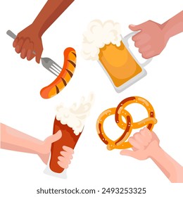 Hands holding Beer Mug, glass and snacks. German sausages with pretzels in hands, design elements for the Beer Festival