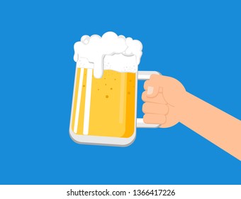 Hands holding a beer mug isolated on blue background - Vector illustration 