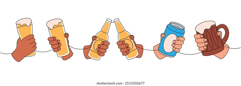 Hands holding a beer mug one line colored continuous drawing. Beer pub products continuous one line illustration. Vector linear illustration.