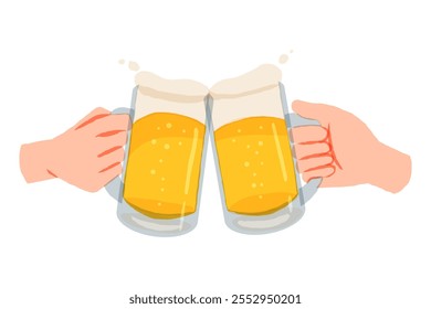 Manos sosteniendo tazas de cerveza. Salud, reunión de amigos, celebración. Festival de bebidas de cerveza. Ilustración vectorial