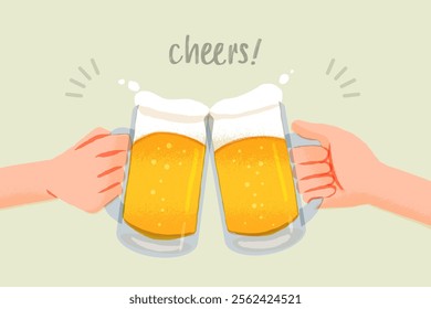 Hands holding beer mugs. Cheers, friends meeting, celebration. Beer drink fest. Vector illustration