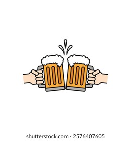 Hands holding beer mugs and clink together. Cheers and toasting. Vector outline icon and illustration on white background.