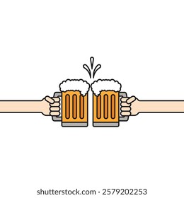 Hands holding beer mugs and clink together. Cheers and toasting. Vector outline icon and illustration on white background.