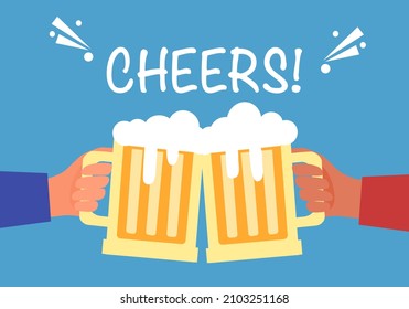 Hands holding beer mugs in flat design. Cheers beer glasses toast concept. 