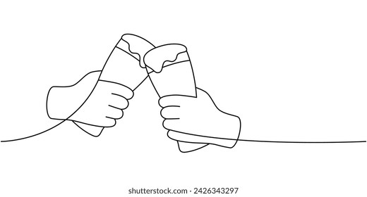 Hands holding beer mugs one line continuous drawing. Beer pub products, cheers continuous one line illustration. Vector linear illustration.