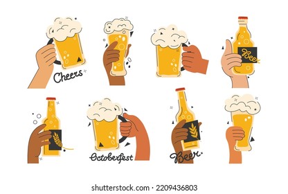 Hands holding beer with white foam in mug, glass and bottle. Cheers or drinking toast to friendship. Vector set for Oktoberfest festival, menu in bars, restaurants. Colored graphic flat illustration