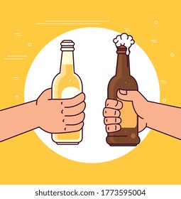 hands holding beers in bottles, on yellow background vector illustration design