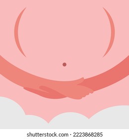 Hands holding the belly with care. Pregnant woman, future mom. Flat vector illustration.