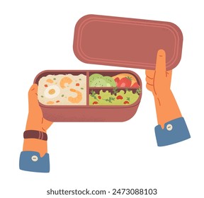 Hände halten Bento-Box mit Lebensmittel-Vektorillustration isoliert auf Weiß. Lebensmittelbehälter mit Reis mit Garnelen, Früchten, Beeren und Gemüsesalat.