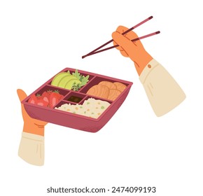 Hands holding bento box with food vector illustration isolated on white. Eating lunch with bamboo sticks from bento box. 