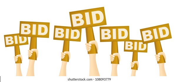 Hands holding BID sign to buy from auction.