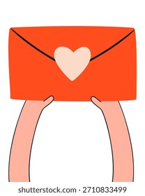 Mãos segurando grande envelope acima para o Dia dos Namorados.  Ilustração de vetor plano.