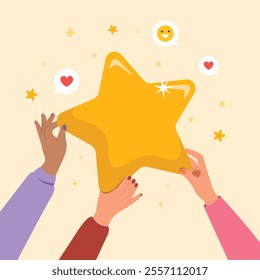 Hands holding a big golden star and emoji. People satisfaction Concept. 