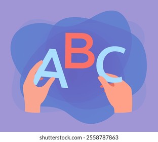 Hands holding big letters of English alphabet. Hands of child learning ABC flat vector illustration. Education, development, language concept for banner, website design or landing web page