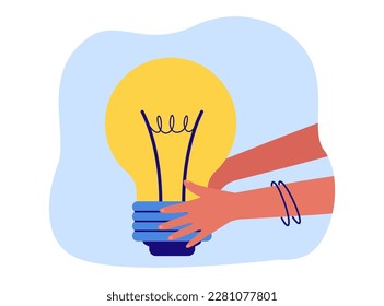 Hands holding big lightbulb as symbol of innovative idea. Employee, worker, writer, artist or creative person with bulb vector illustration. Creativity, information, innovation, brainstorm concept