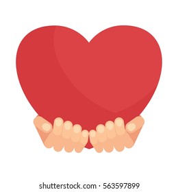Hands holding big red heart. Symbol of passionate feeling of love. Postcard valentines day, wedding and date. Flat vector cartoon illustration. Objects isolated on a white background.