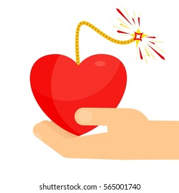 Hands holding big red heart. Symbol of love and kindness, care and attention. Medicine and volunteering. Flat vector cartoon illustration. Objects isolated on white background.