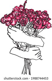 Hands holding a big red rose bouquet - hand drawn vector illustration in watercolor and line art style