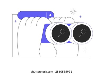 Hands Holding Binocular. Browsing online information, surfing internet with binocular. Search bars. SEO concept. Trendy Flat Cartoon Vector Illustration, icon. Stylish abstract Blue 