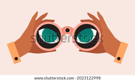 Hands holding binoculars, big eyes looking forward through lenses. Concept of search, vision, view, spying. Future strategy, business opportunity, exploration. Isolated vector illustration