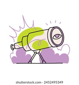 Hands holding binoculars. Concept of search, research or strategy for business. The eyes look forward through the lens. Vector illustration for web or user interface.