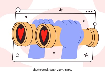 Hands holding binoculars. Concept of searching love in internet. Eyes with red hearts full of love. meeting website. Flat vector illustration