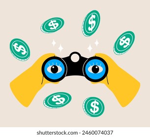 Manos sosteniendo binoculares. Estudio financiero, concepto de observación. Ilustración vectorial colorida

