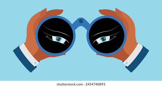 Hands holding binoculars isolated on background. Foxy eyes looking forward through lenses.Concept of search, vision, spying, Future strategy, exploration and business opportunity, vector illustration.