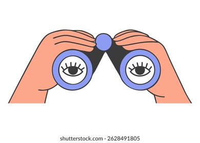 Hands holding binoculars and looking through them. Hands holding binoculars with eyes. Illustration for search engine or research.