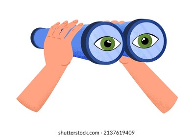 Hands holding binoculars. Metaphor for supervision or recruitment of employees in company. Staff expansion or espionage. Character interested in life of another. Cartoon flat vector illustration