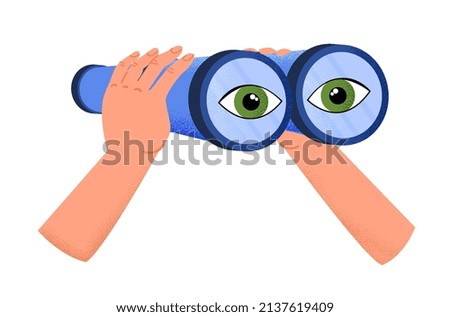Hands holding binoculars. Metaphor for supervision or recruitment of employees in company. Staff expansion or espionage. Character interested in life of another. Cartoon flat vector illustration