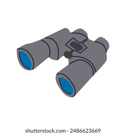 Hands holding binoculars, through lenses. Concept of search, vision, view, spying. Future strategy, business opportunity or exploration for hiking or travel and camping. Isolated vector illustration .