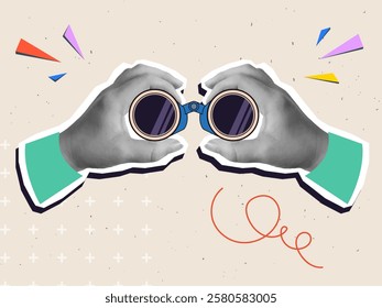 Hands holding a binoculars. Vector illustration in a modern collage style