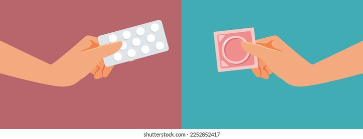 Hands Holding Birth Control Pills and a Condom Vector Illustration