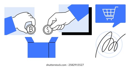Hands holding bitcoin and dollar coins above an open box, digital shopping cart icon, abstract signature. Ideal for finance, e-commerce, cryptocurrency exchange, payment systems, investment, online